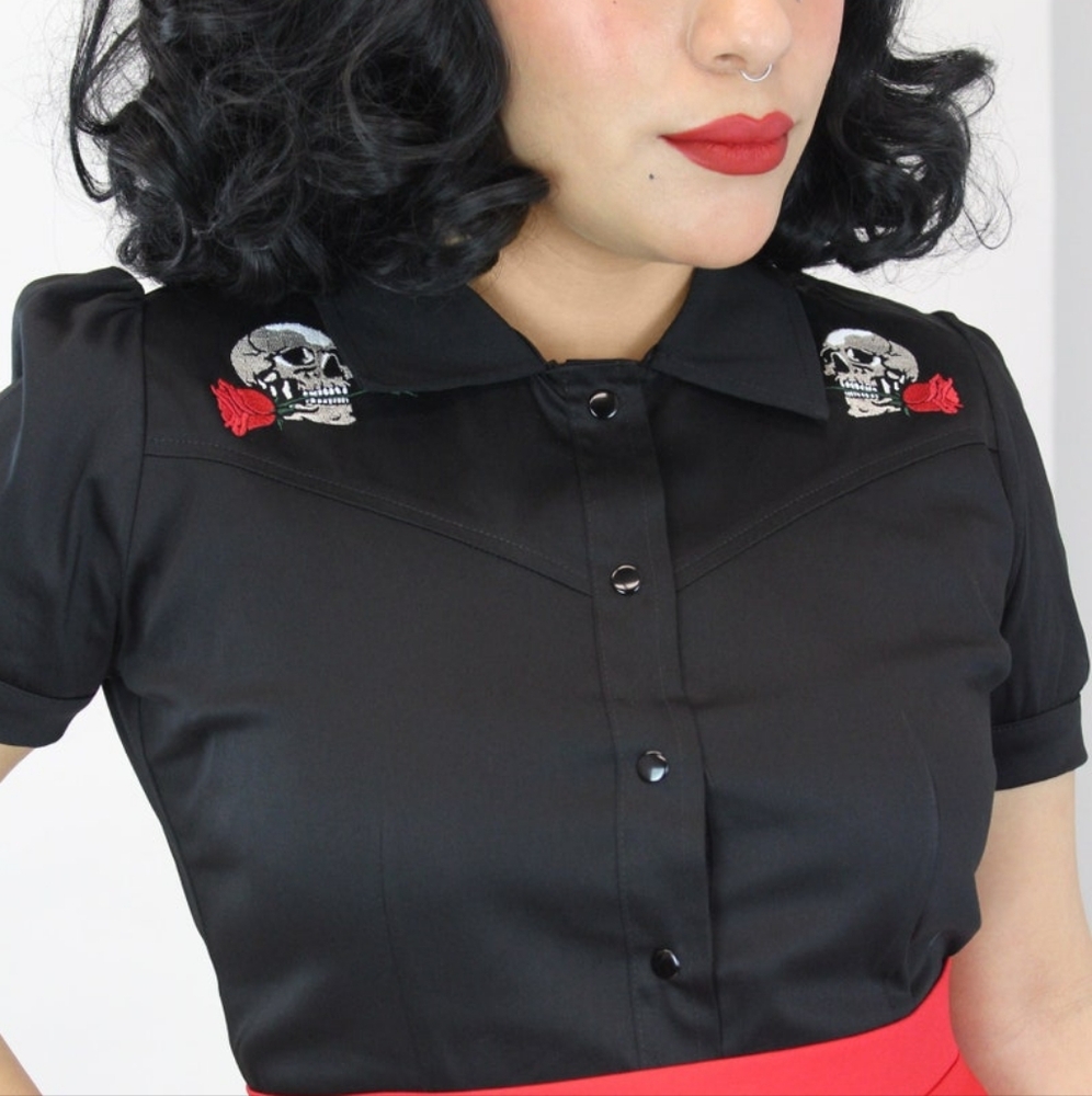 Skulls and Roses Black Western Rockabilly Women Top XS-3XL
